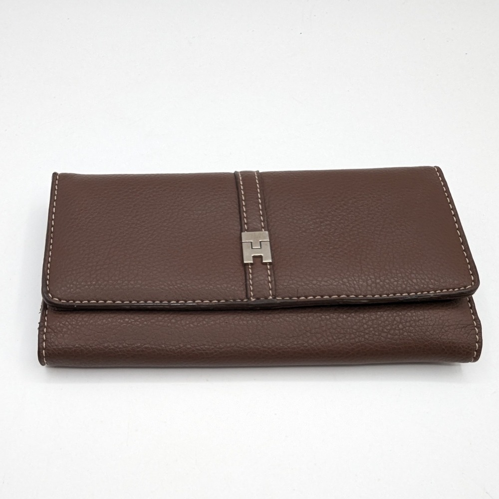Brown Pebbled Leather Trifold Wallet Silver H Hardware Contrast Stitching Snap